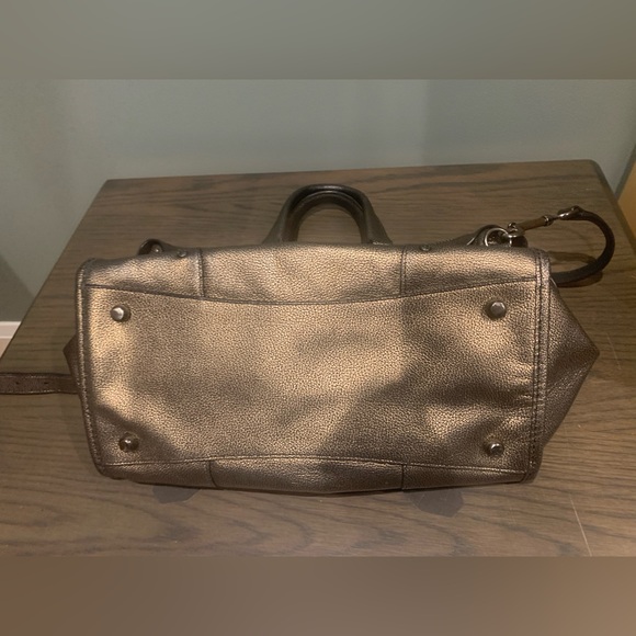 Dark Gold Coach Leather Bronze Satchel Purse
13" (L) x 9.5" (H) x 7" (W) - Picture 8 of 14